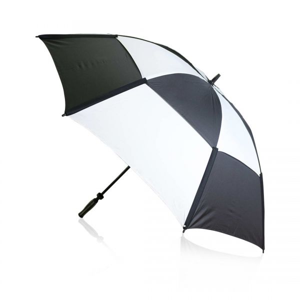 Paraguas de Golf de 8 paneles de sobrio diseño bicolor y 135cm de diámetro y de apertura En resistente material pongee con sistema de seguridad antiviento. Con varillas de fibra en
